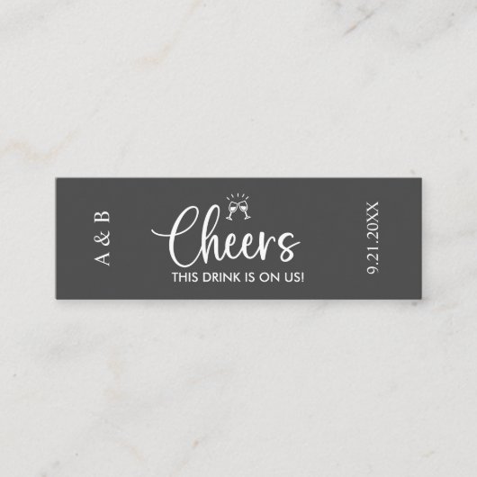 Cheers Drink On Us ウェディングドリンクチケット グレー スキニー名刺 (正面)