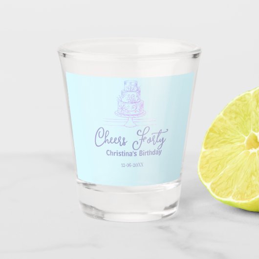 Cheers forty happy birthday cake blue purple name  ショットグラス (正面)