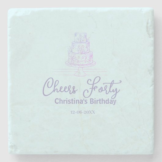 Cheers forty happy birthday cake blue purple name  ストーンコースター (正面)