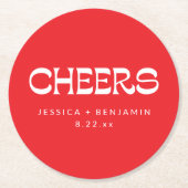 Cheers Groovy Red White Typography Names Wedding  ラウンドペーパーコースター (正面)