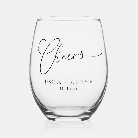 Cheers Minimal Black Script Custom Wedding Favor ステムなしワイングラス (正面)