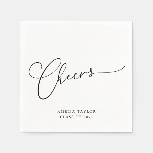 Cheers Minimal Black White Script Graduation Party スタンダードカクテルナプキン (正面)
