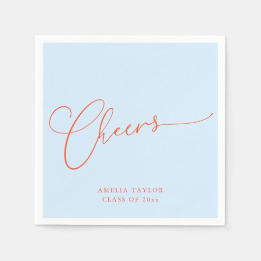 Cheers Minimal Blue Orange Script Graduation Party スタンダードカクテルナプキン (正面)