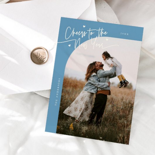 Cheers New Year Denim Blue Curved Frame Photo シーズンカード