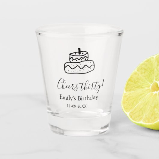 Cheers thirty birthday cake black scribble hand ショットグラス (正面)