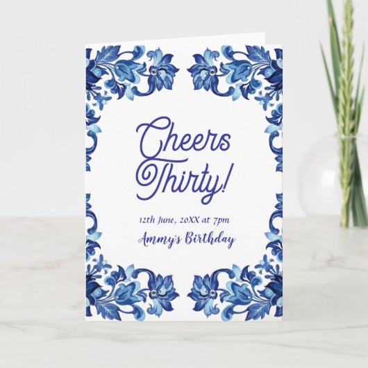 Cheers thirty birthday royal blue floral border na カード (正面)