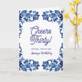 Cheers thirty birthday royal blue floral border na カード (黄色い花)