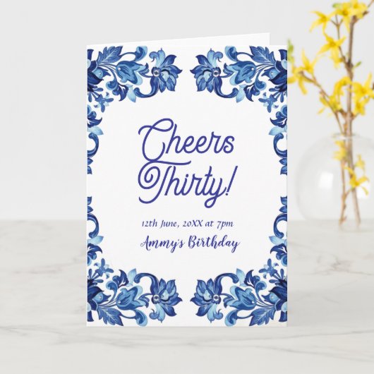 Cheers thirty birthday royal blue floral border na カード (黄色い花)