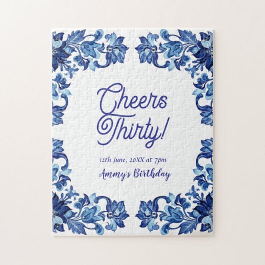 Cheers thirty birthday royal blue floral border na ジグソーパズル (縦)