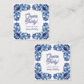 Cheers thirty birthday royal blue floral border na スクエア名刺 (正面/裏面)