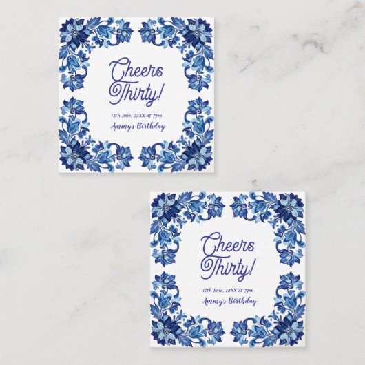 Cheers thirty birthday royal blue floral border na スクエア名刺 (正面/裏面)