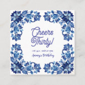 Cheers thirty birthday royal blue floral border na スクエア名刺 (裏面)