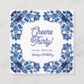 Cheers thirty birthday royal blue floral border na スクエア名刺 (正面)