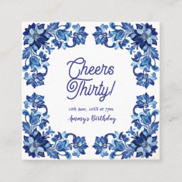 Cheers thirty birthday royal blue floral border na スクエア名刺