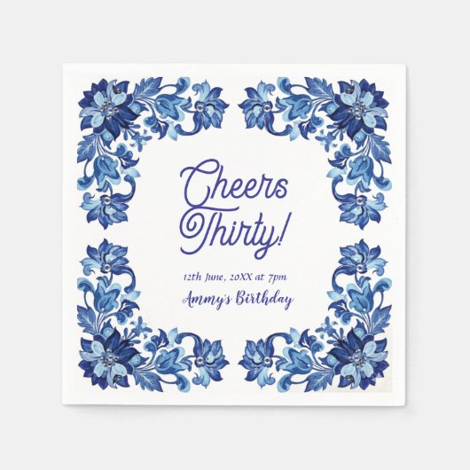 Cheers thirty birthday royal blue floral border na スタンダードカクテルナプキン (正面)