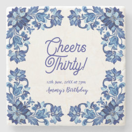 Cheers thirty birthday royal blue floral border na ストーンコースター
