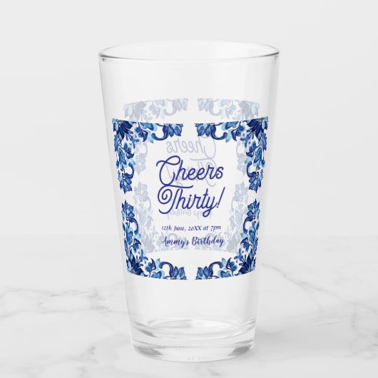 Cheers thirty birthday royal blue floral border na タンブラーグラス (正面)