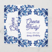 Cheers thirty birthday royal blue floral border na ポストカード (正面/裏面)