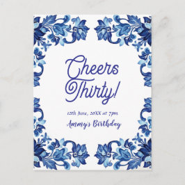 Cheers thirty birthday royal blue floral border na ポストカード
