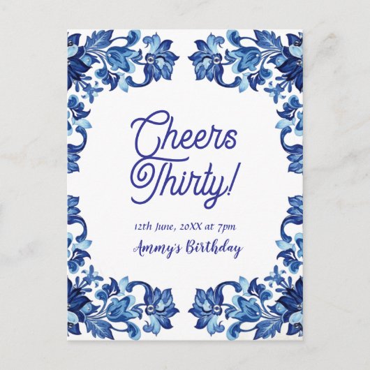 Cheers thirty birthday royal blue floral border na ポストカード (正面)
