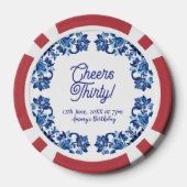 Cheers thirty birthday royal blue floral border na ポーカーチップ (裏面)