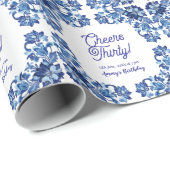 Cheers thirty birthday royal blue floral border na ラッピングペーパー (ロールコーナー)