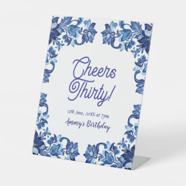 Cheers thirty birthday royal blue floral border na 台座サイン