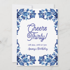 Cheers thirty birthday royal blue floral border na 招待状