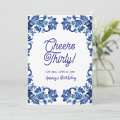 Cheers thirty birthday royal blue floral border na 招待状 (スタンド正面)