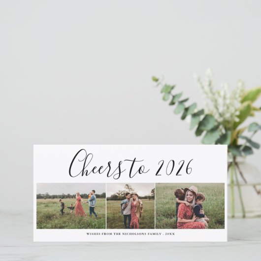 Cheers To 2026 Script Three Photo Collage Modern シーズンカード (スタンド正面)
