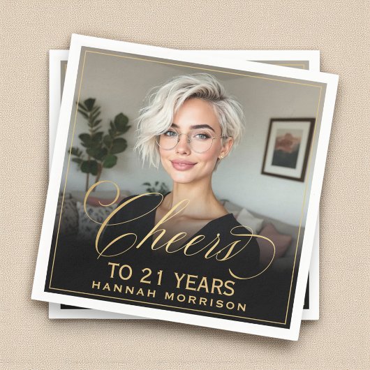 Cheers to 21 Years Birthday Photo Gold Black スタンダードカクテルナプキン