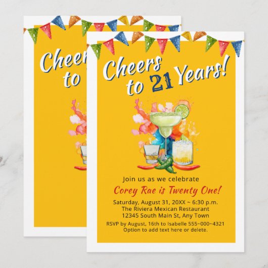 Cheers to 21 Years Modern 21st Birthday  Fiesta 招待状 (正面/裏面)