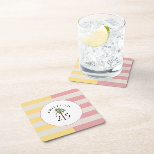 Cheers to 25 Palm Beach Tropical Stripe スクエアペーパーコースター (インサイチュ)