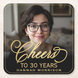 Cheers to 30 Years Birthday Photo Gold Black スクエアペーパーコースター