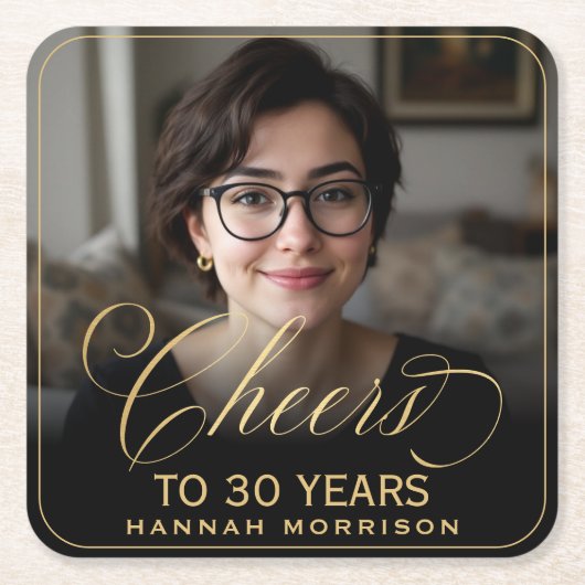 Cheers to 30 Years Birthday Photo Gold Black スクエアペーパーコースター (正面)