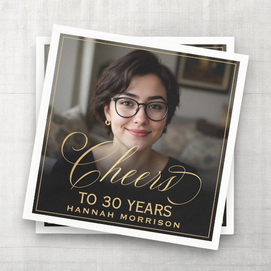 Cheers to 30 Years Birthday Photo Gold Black スタンダードカクテルナプキン