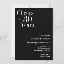 Cheers to 30 Years Black White 30th Birthday Party