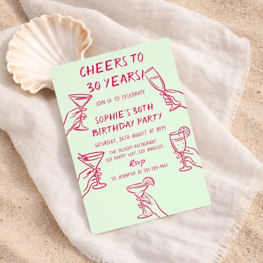 Cheers to 30 Years Green Cocktail 30th Birthday 招待状