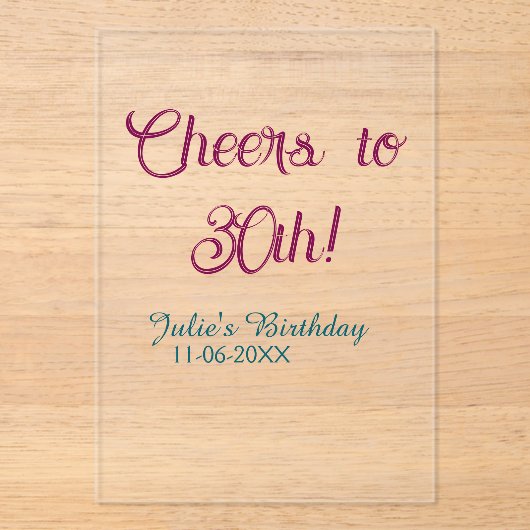 Cheers to 30th birthday name date mauve blue elega アクリル招待状 (正面)