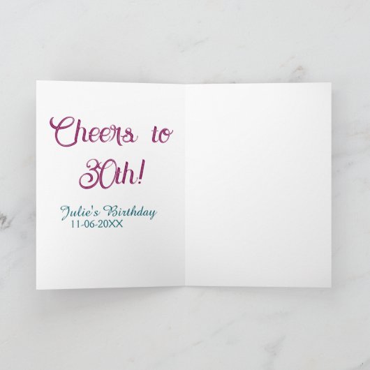 Cheers to 30th birthday name date mauve blue elega カード (内部)