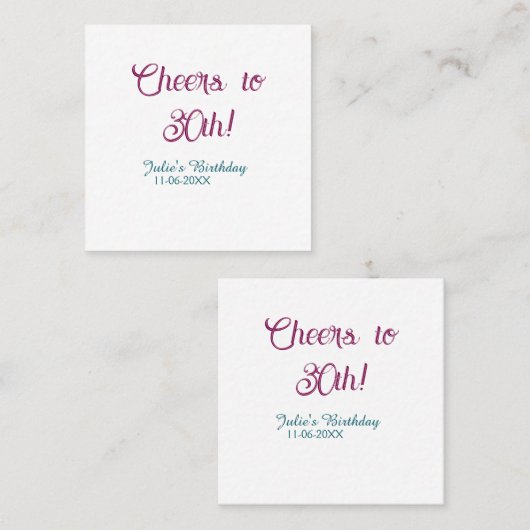 Cheers to 30th birthday name date mauve blue elega スクエア名刺 (正面/裏面)
