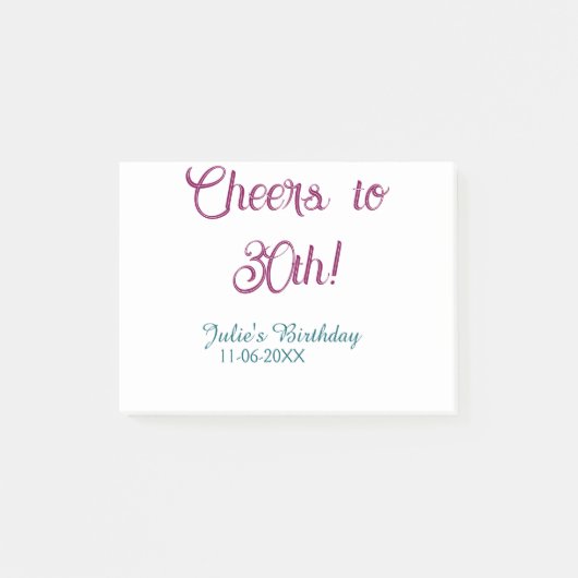 Cheers to 30th birthday name date mauve blue elega ポストイット (正面)