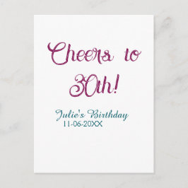 Cheers to 30th birthday name date mauve blue elega ポストカード