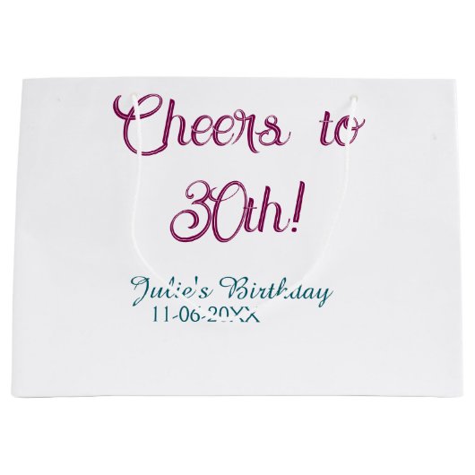 Cheers to 30th birthday name date mauve blue elega ラージペーパーバッグ (正面)