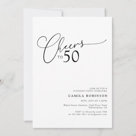 Cheers to 50 Modern Script 50th Birthday Party 招待状 (正面)