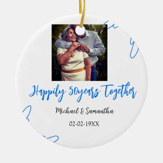 cheers to 50 years anniversary blue leaf photo nam セラミックオーナメント (正面)