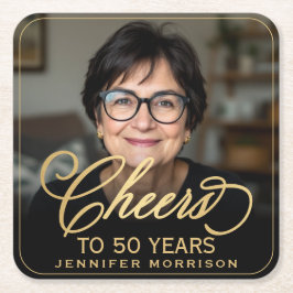 Cheers to 50 Years Birthday Photo Gold Black スクエアペーパーコースター