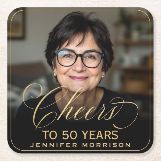 Cheers to 50 Years Birthday Photo Gold Black スクエアペーパーコースター (正面)