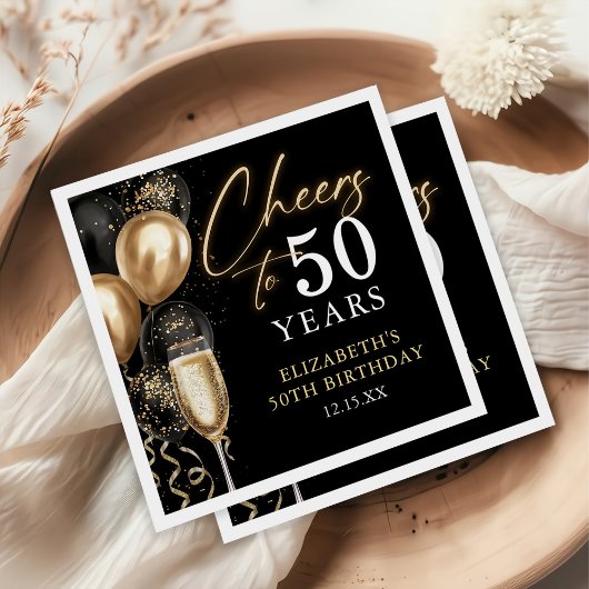 Cheers To 50 Years Black and Gold Balloons スタンダードカクテルナプキン