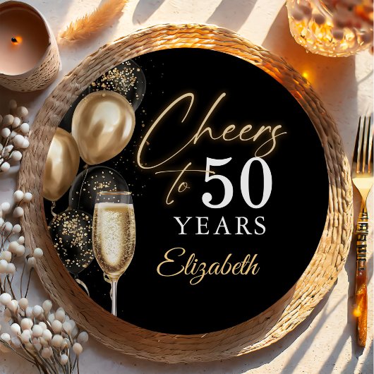 Cheers To 50 Years Black and Gold Balloons ペーパープレート